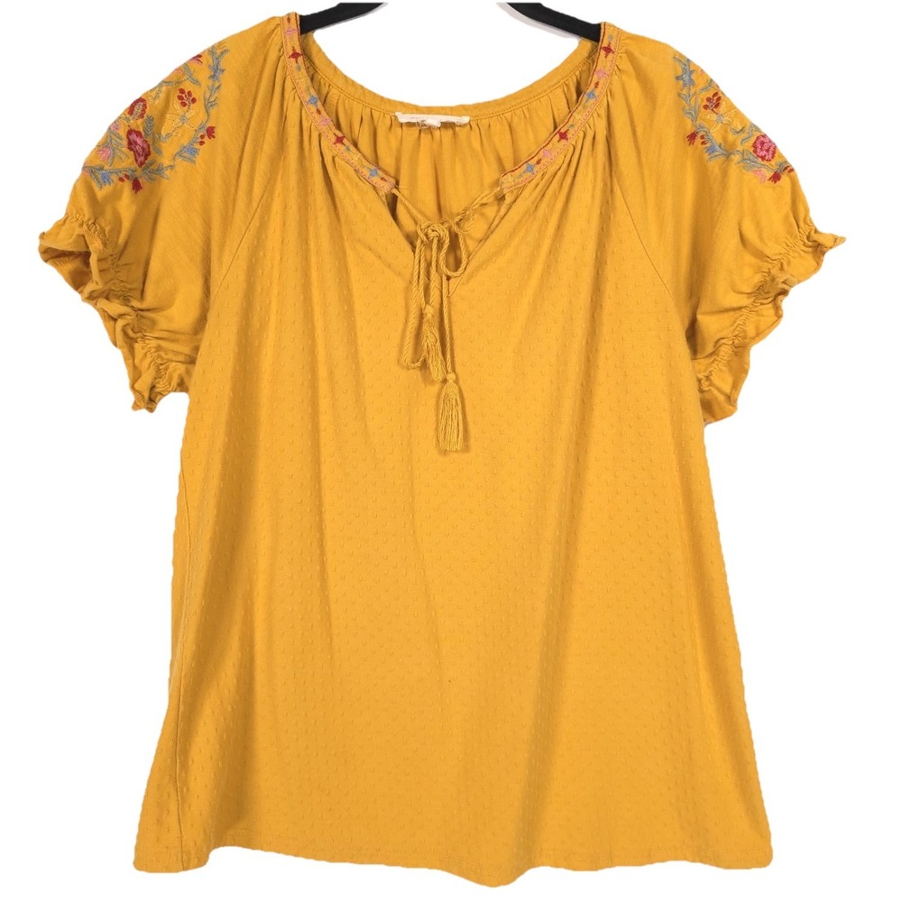 Anthropologie SOLITAIRE Women's Top SMALL Embroidered Tie V Neck Mustard 21-336